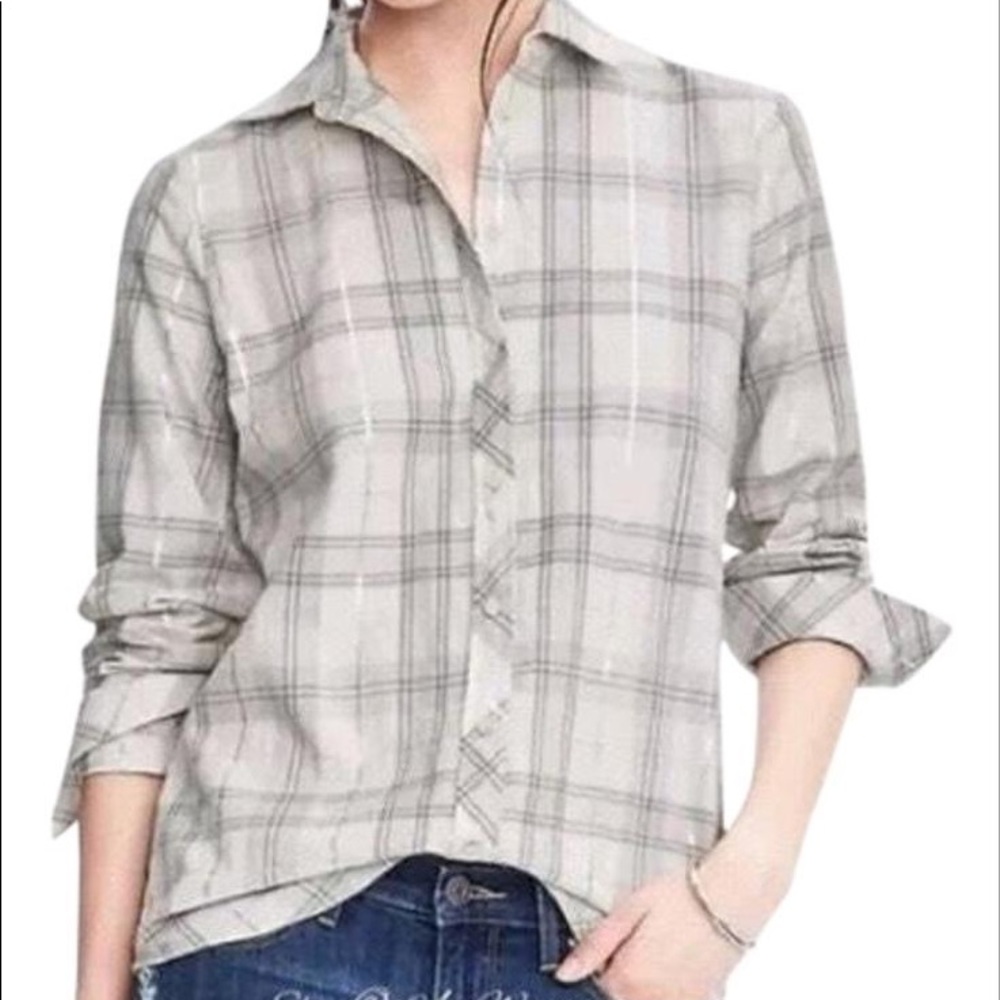 Banana republic S Dillon top silver white plaid